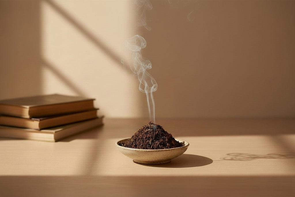 Smoldering incense stick in a bowl on a wooden surface with books in the background