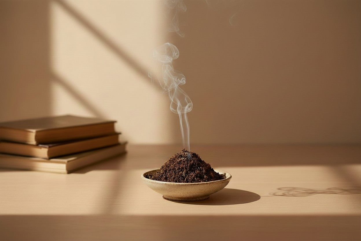 Smoldering incense stick in a bowl on a wooden surface with books in the background