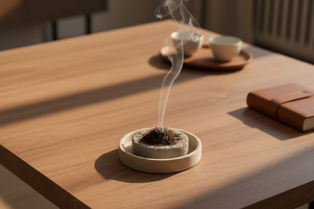 Incense burning in a small dish on a wooden table with a blurred background